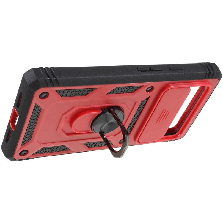For Google Pixel 6 PC+TPU Kickstand Anti-drop Back Cover Sliding Camera Lens Protector Phone Case with Inner Card Holder Function - Red / Black