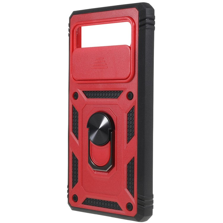 For Google Pixel 6 PC+TPU Kickstand Anti-drop Back Cover Sliding Camera Lens Protector Phone Case with Inner Card Holder Function - Red / Black