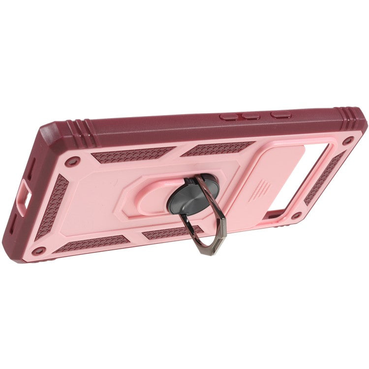 For Google Pixel 6 PC+TPU Kickstand Anti-drop Back Cover Sliding Camera Lens Protector Phone Case with Inner Card Holder Function - Pink / Dark Red