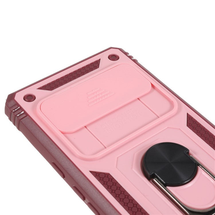 For Google Pixel 6 PC+TPU Kickstand Anti-drop Back Cover Sliding Camera Lens Protector Phone Case with Inner Card Holder Function - Pink / Dark Red