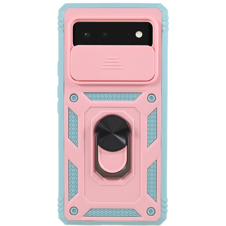 For Google Pixel 6 PC+TPU Kickstand Anti-drop Back Cover Sliding Camera Lens Protector Phone Case with Inner Card Holder Function - Pink / Green