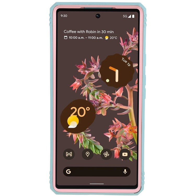 For Google Pixel 6 PC+TPU Kickstand Anti-drop Back Cover Sliding Camera Lens Protector Phone Case with Inner Card Holder Function - Pink / Green