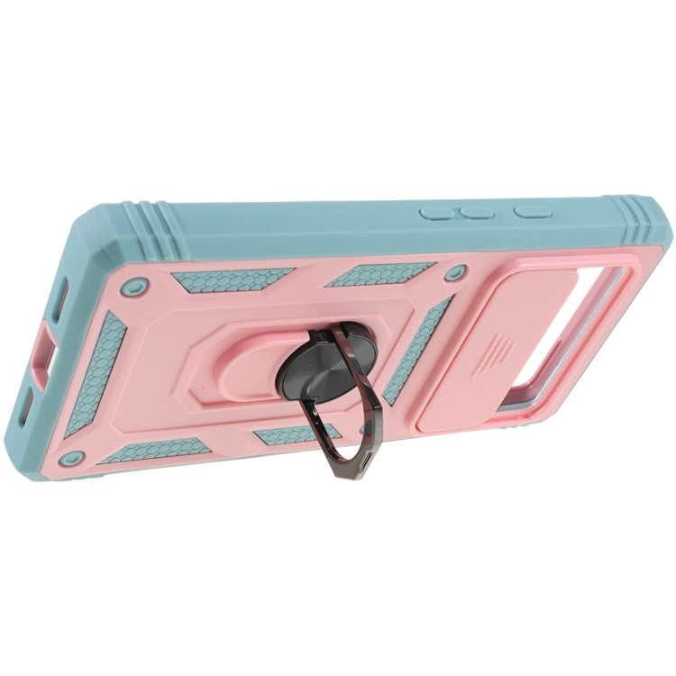 For Google Pixel 6 PC+TPU Kickstand Anti-drop Back Cover Sliding Camera Lens Protector Phone Case with Inner Card Holder Function - Pink / Green