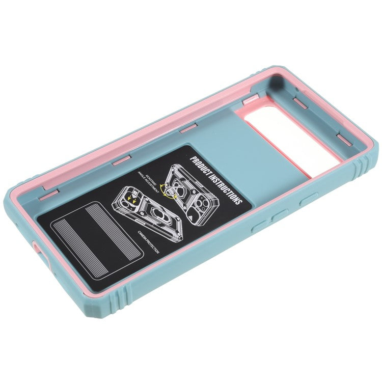 For Google Pixel 6 PC+TPU Kickstand Anti-drop Back Cover Sliding Camera Lens Protector Phone Case with Inner Card Holder Function - Pink / Green