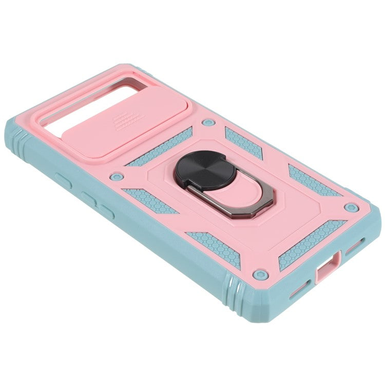 For Google Pixel 6 PC+TPU Kickstand Anti-drop Back Cover Sliding Camera Lens Protector Phone Case with Inner Card Holder Function - Pink / Green