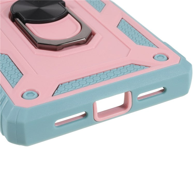 For Google Pixel 6 PC+TPU Kickstand Anti-drop Back Cover Sliding Camera Lens Protector Phone Case with Inner Card Holder Function - Pink / Green