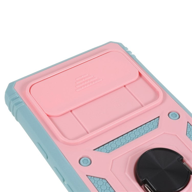 For Google Pixel 6 PC+TPU Kickstand Anti-drop Back Cover Sliding Camera Lens Protector Phone Case with Inner Card Holder Function - Pink / Green