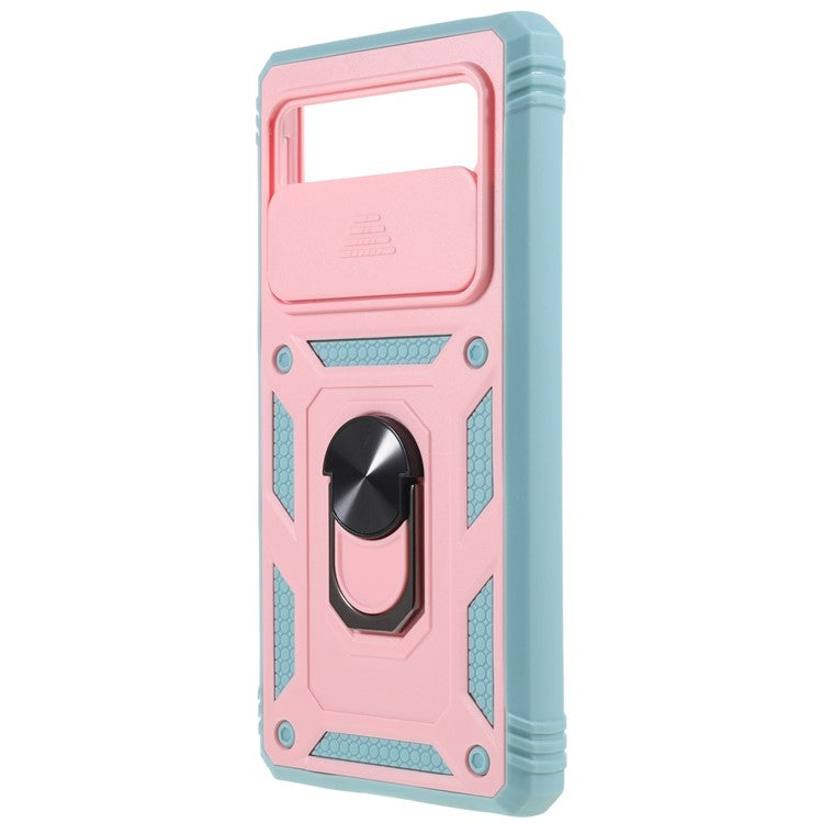 For Google Pixel 6 PC+TPU Kickstand Anti-drop Back Cover Sliding Camera Lens Protector Phone Case with Inner Card Holder Function - Pink / Green