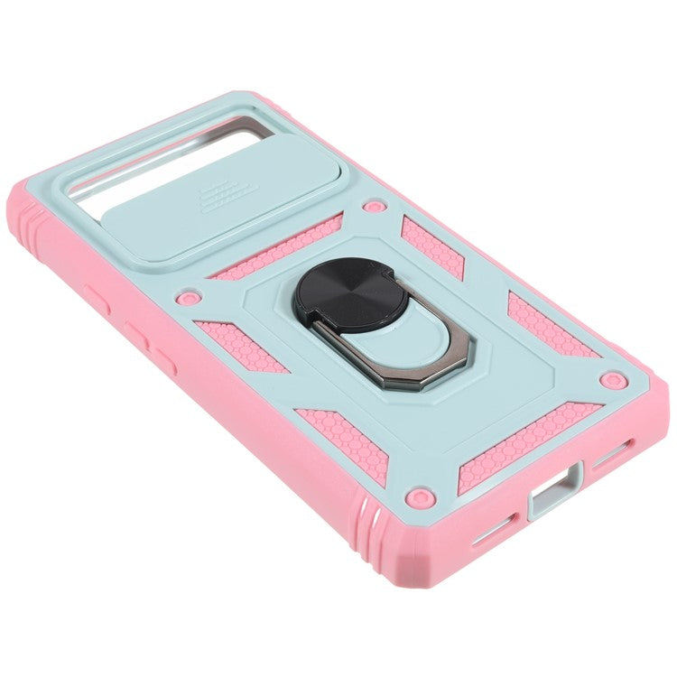 For Google Pixel 6 PC+TPU Kickstand Anti-drop Back Cover Sliding Camera Lens Protector Phone Case with Inner Card Holder Function - Green / Pink