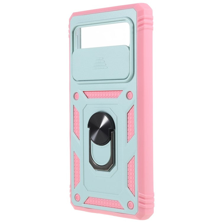 For Google Pixel 6 PC+TPU Kickstand Anti-drop Back Cover Sliding Camera Lens Protector Phone Case with Inner Card Holder Function - Green / Pink