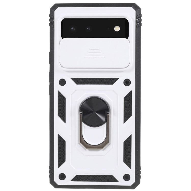 For Google Pixel 6 PC+TPU Kickstand Anti-drop Back Cover Sliding Camera Lens Protector Phone Case with Inner Card Holder Function - Black / White