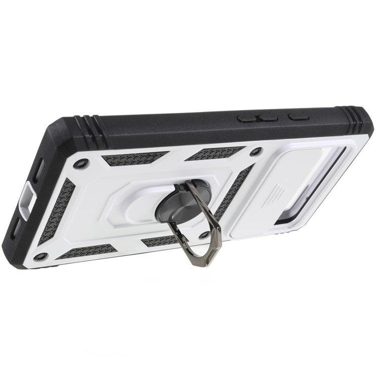 For Google Pixel 6 PC+TPU Kickstand Anti-drop Back Cover Sliding Camera Lens Protector Phone Case with Inner Card Holder Function - Black / White