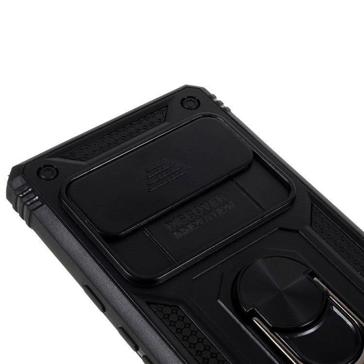 For Google Pixel 6 Pro 5G Ring Kickstand Back Cover Sliding Camera Lens Protector PC+TPU Anti-scratch Phone Case with Inner Card Holder Function - Black
