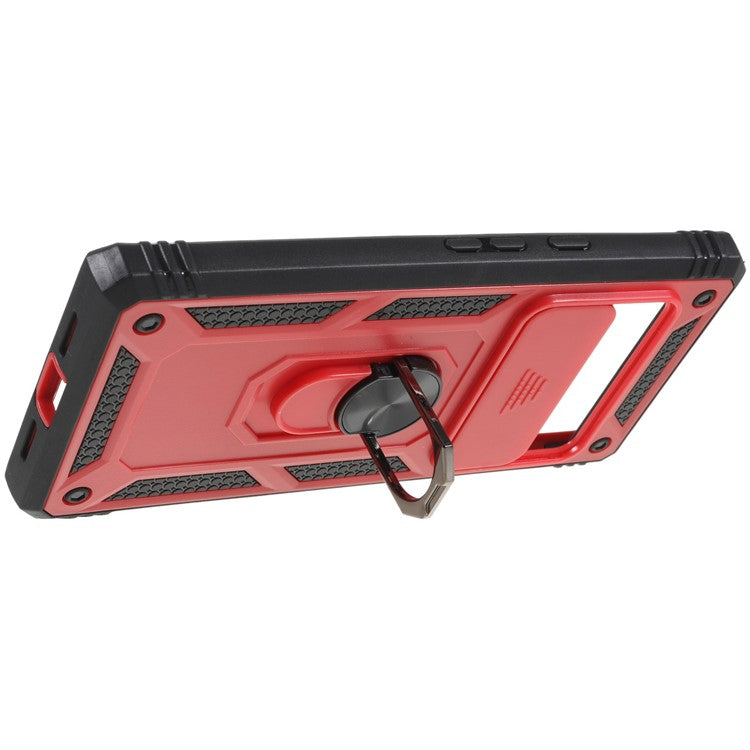 For Google Pixel 6 Pro 5G Ring Kickstand Back Cover Sliding Camera Lens Protector PC+TPU Anti-scratch Phone Case with Inner Card Holder Function - Red / Black
