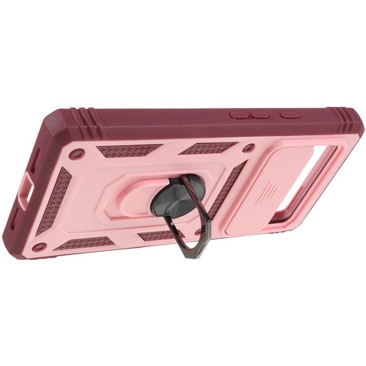 For Google Pixel 6 Pro 5G Ring Kickstand Back Cover Sliding Camera Lens Protector PC+TPU Anti-scratch Phone Case with Inner Card Holder Function - Pink / Dark Red