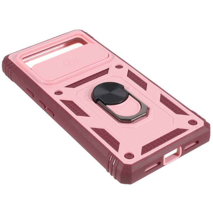 For Google Pixel 6 Pro 5G Ring Kickstand Back Cover Sliding Camera Lens Protector PC+TPU Anti-scratch Phone Case with Inner Card Holder Function - Pink / Dark Red