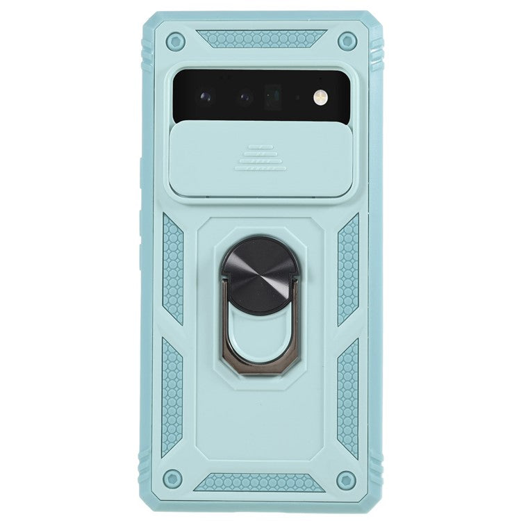 For Google Pixel 6 Pro 5G Ring Kickstand Back Cover Sliding Camera Lens Protector PC+TPU Anti-scratch Phone Case with Inner Card Holder Function - Green
