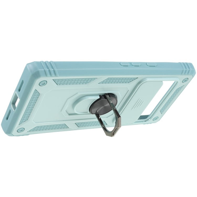 For Google Pixel 6 Pro 5G Ring Kickstand Back Cover Sliding Camera Lens Protector PC+TPU Anti-scratch Phone Case with Inner Card Holder Function - Green