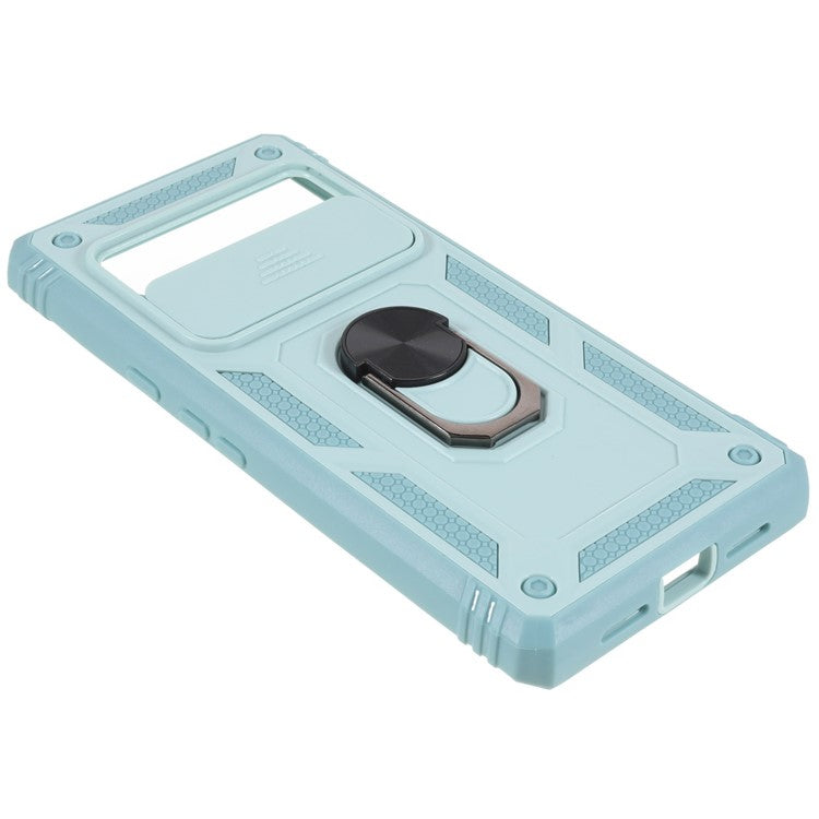 For Google Pixel 6 Pro 5G Ring Kickstand Back Cover Sliding Camera Lens Protector PC+TPU Anti-scratch Phone Case with Inner Card Holder Function - Green