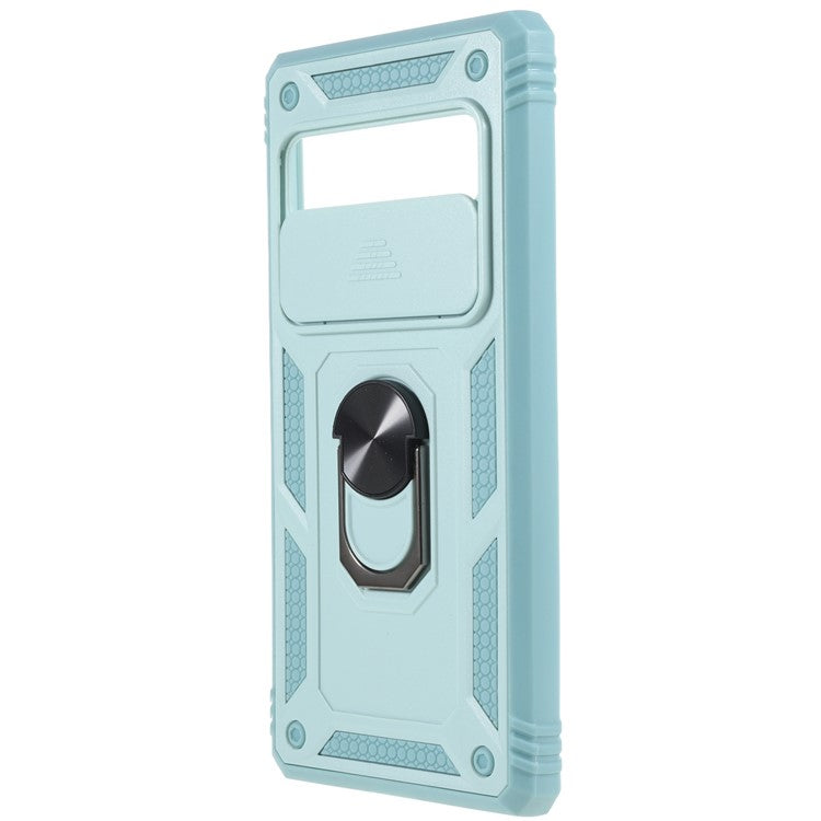 For Google Pixel 6 Pro 5G Ring Kickstand Back Cover Sliding Camera Lens Protector PC+TPU Anti-scratch Phone Case with Inner Card Holder Function - Green