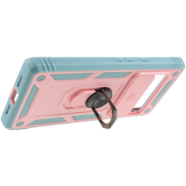 For Google Pixel 6 Pro 5G Ring Kickstand Back Cover Sliding Camera Lens Protector PC+TPU Anti-scratch Phone Case with Inner Card Holder Function - Pink / Green