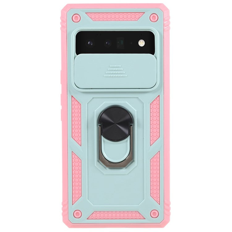 For Google Pixel 6 Pro 5G Ring Kickstand Back Cover Sliding Camera Lens Protector PC+TPU Anti-scratch Phone Case with Inner Card Holder Function - Green / Pink