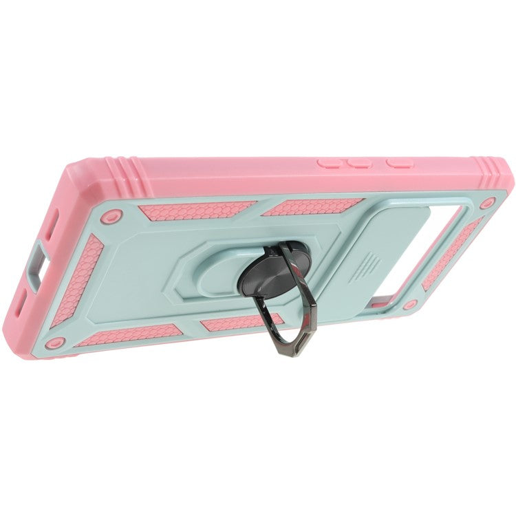 For Google Pixel 6 Pro 5G Ring Kickstand Back Cover Sliding Camera Lens Protector PC+TPU Anti-scratch Phone Case with Inner Card Holder Function - Green / Pink