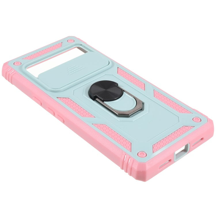 For Google Pixel 6 Pro 5G Ring Kickstand Back Cover Sliding Camera Lens Protector PC+TPU Anti-scratch Phone Case with Inner Card Holder Function - Green / Pink