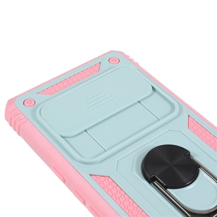 For Google Pixel 6 Pro 5G Ring Kickstand Back Cover Sliding Camera Lens Protector PC+TPU Anti-scratch Phone Case with Inner Card Holder Function - Green / Pink