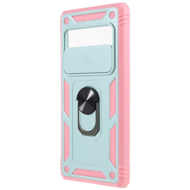 For Google Pixel 6 Pro 5G Ring Kickstand Back Cover Sliding Camera Lens Protector PC+TPU Anti-scratch Phone Case with Inner Card Holder Function - Green / Pink