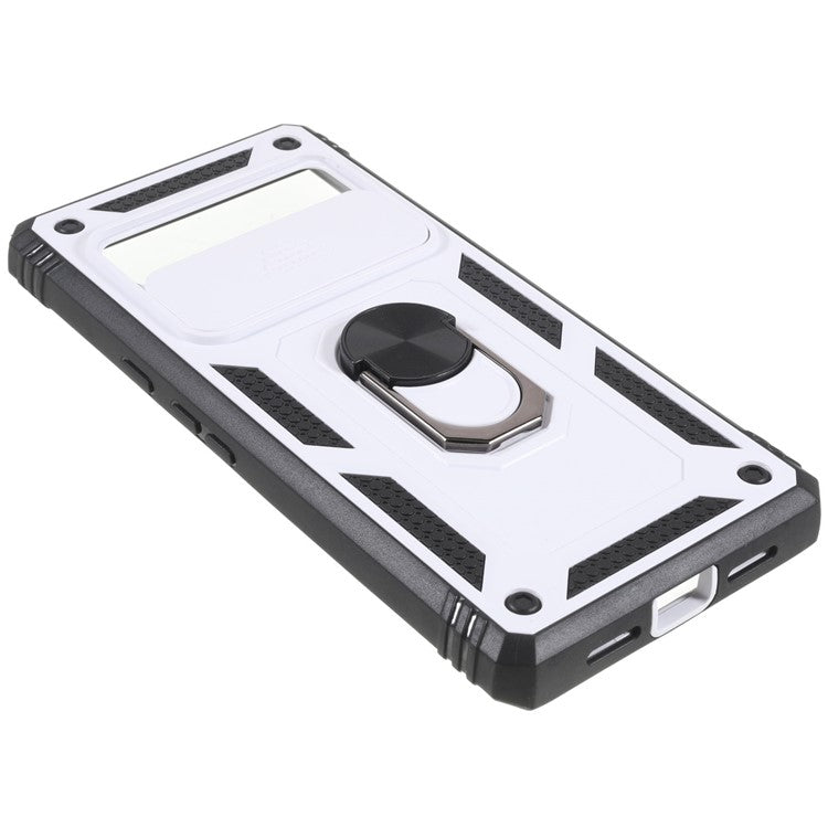 For Google Pixel 6 Pro 5G Ring Kickstand Back Cover Sliding Camera Lens Protector PC+TPU Anti-scratch Phone Case with Inner Card Holder Function - Black / White