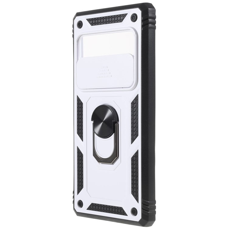 For Google Pixel 6 Pro 5G Ring Kickstand Back Cover Sliding Camera Lens Protector PC+TPU Anti-scratch Phone Case with Inner Card Holder Function - Black / White