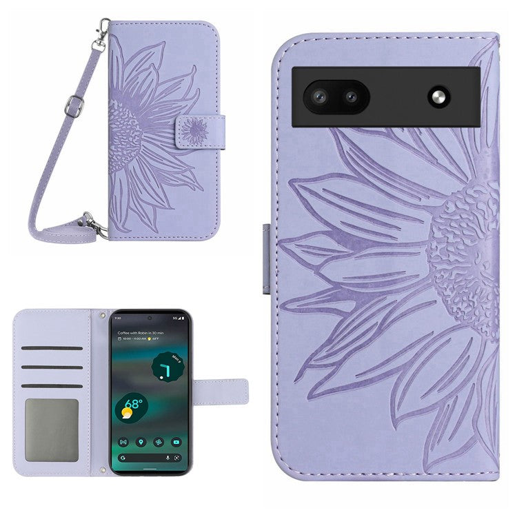 For Google Pixel 6a HT04 PU Leather Sunflower Imprinted Stand Wallet Case Skin-touch Magnetic Clasp Phone Cover with Shoulder Strap - Light Purple