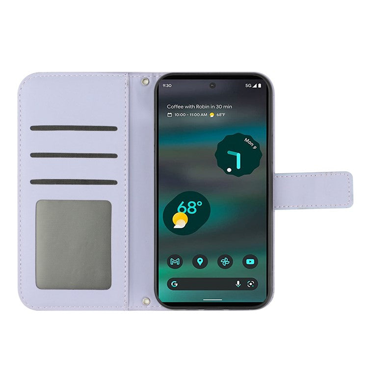 For Google Pixel 6a HT04 PU Leather Sunflower Imprinted Stand Wallet Case Skin-touch Magnetic Clasp Phone Cover with Shoulder Strap - Light Purple