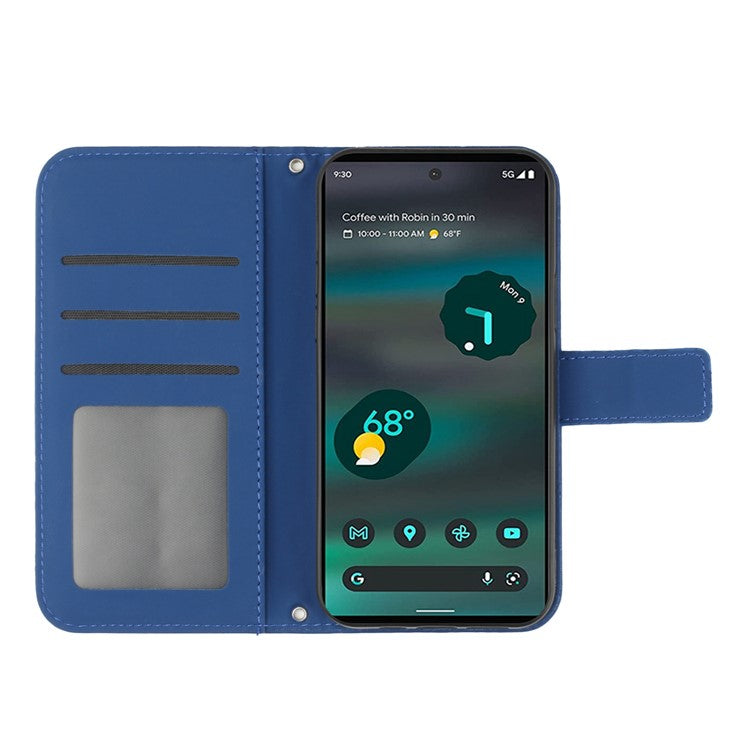 For Google Pixel 6a HT04 PU Leather Sunflower Imprinted Stand Wallet Case Skin-touch Magnetic Clasp Phone Cover with Shoulder Strap - Sapphire