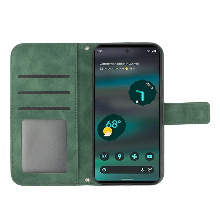 For Google Pixel 6a HT04 PU Leather Sunflower Imprinted Stand Wallet Case Skin-touch Magnetic Clasp Phone Cover with Shoulder Strap - Dark Green