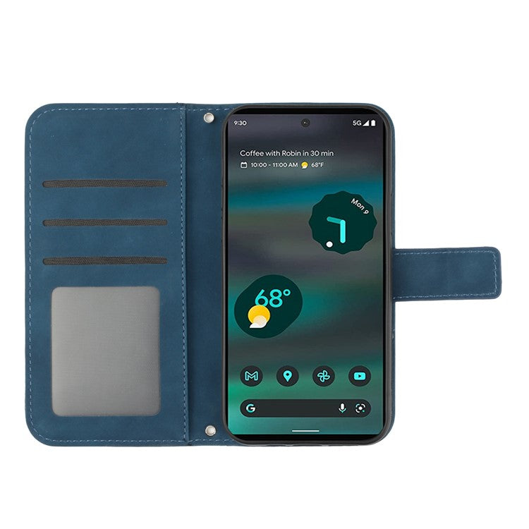 For Google Pixel 6a HT04 PU Leather Sunflower Imprinted Stand Wallet Case Skin-touch Magnetic Clasp Phone Cover with Shoulder Strap - Dark Blue