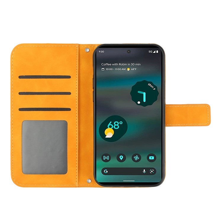 For Google Pixel 6a HT04 PU Leather Sunflower Imprinted Stand Wallet Case Skin-touch Magnetic Clasp Phone Cover with Shoulder Strap - Yellow