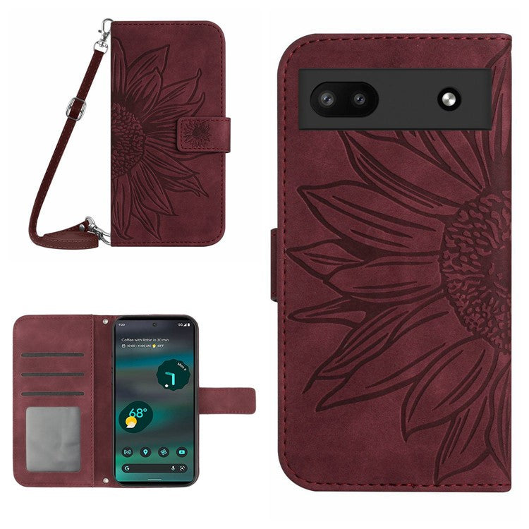 For Google Pixel 6a HT04 PU Leather Sunflower Imprinted Stand Wallet Case Skin-touch Magnetic Clasp Phone Cover with Shoulder Strap - Wine Red