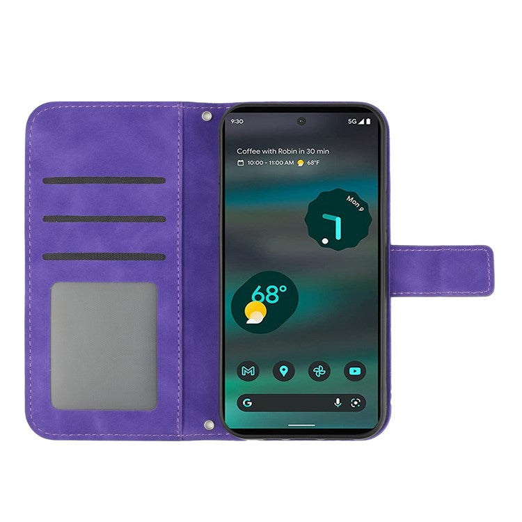 For Google Pixel 6a HT04 PU Leather Sunflower Imprinted Stand Wallet Case Skin-touch Magnetic Clasp Phone Cover with Shoulder Strap - Dark Purple
