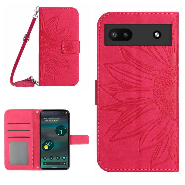 For Google Pixel 6a HT04 PU Leather Sunflower Imprinted Stand Wallet Case Skin-touch Magnetic Clasp Phone Cover with Shoulder Strap - Rose