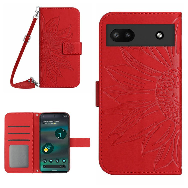 For Google Pixel 6a HT04 PU Leather Sunflower Imprinted Stand Wallet Case Skin-touch Magnetic Clasp Phone Cover with Shoulder Strap - Red