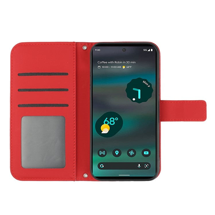 For Google Pixel 6a HT04 PU Leather Sunflower Imprinted Stand Wallet Case Skin-touch Magnetic Clasp Phone Cover with Shoulder Strap - Red