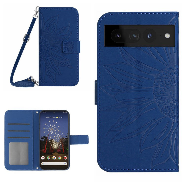 For Google Pixel 7 Pro 5G HT04 Skin-touch Sunflower Imprinted Phone Cover Shockproof Leather Case Stand Wallet with Shoulder Strap - Sapphire