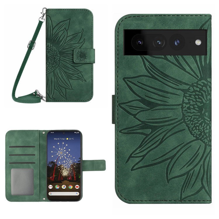 For Google Pixel 7 Pro 5G HT04 Skin-touch Sunflower Imprinted Phone Cover Shockproof Leather Case Stand Wallet with Shoulder Strap - Dark Green
