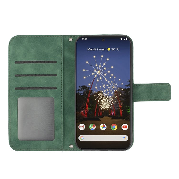 For Google Pixel 7 Pro 5G HT04 Skin-touch Sunflower Imprinted Phone Cover Shockproof Leather Case Stand Wallet with Shoulder Strap - Dark Green