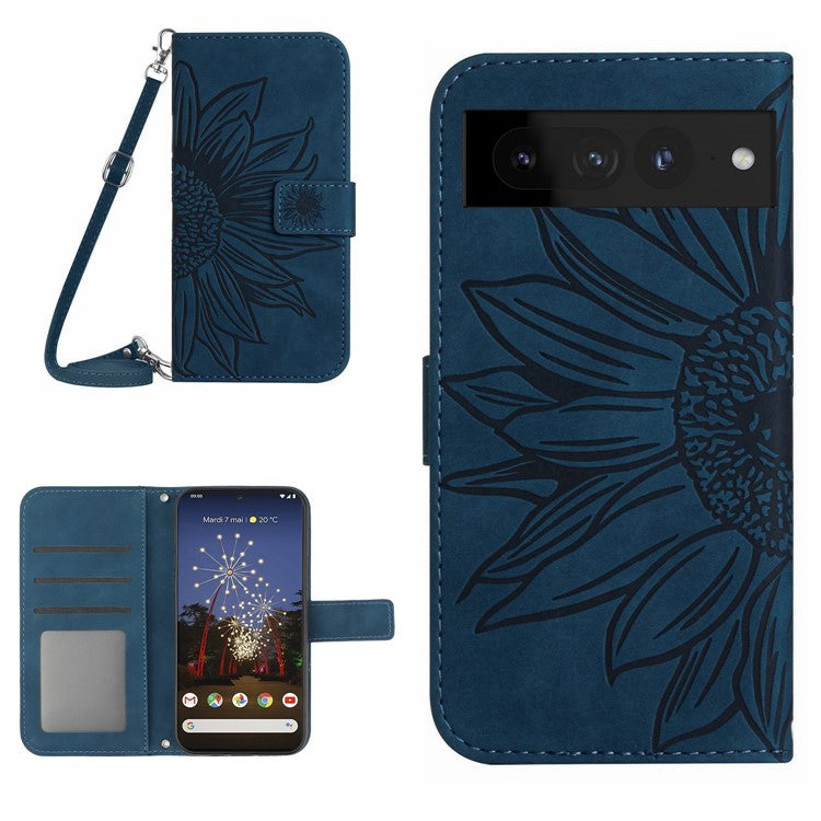 For Google Pixel 7 Pro 5G HT04 Skin-touch Sunflower Imprinted Phone Cover Shockproof Leather Case Stand Wallet with Shoulder Strap - Dark Blue