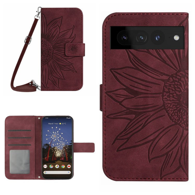 For Google Pixel 7 Pro 5G HT04 Skin-touch Sunflower Imprinted Phone Cover Shockproof Leather Case Stand Wallet with Shoulder Strap - Wine Red