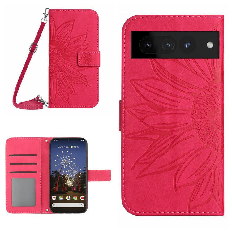 For Google Pixel 7 Pro 5G HT04 Skin-touch Sunflower Imprinted Phone Cover Shockproof Leather Case Stand Wallet with Shoulder Strap - Rose