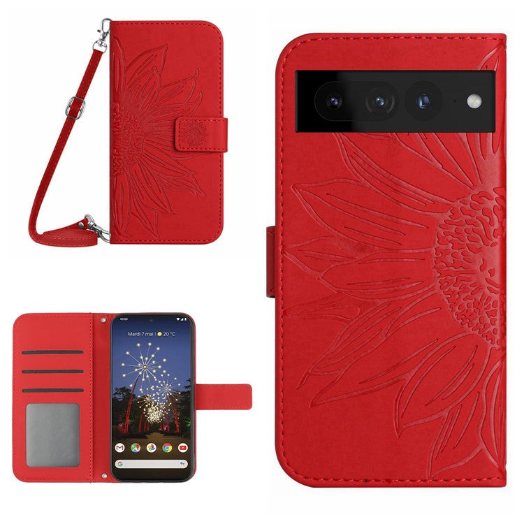 For Google Pixel 7 Pro 5G HT04 Skin-touch Sunflower Imprinted Phone Cover Shockproof Leather Case Stand Wallet with Shoulder Strap - Red